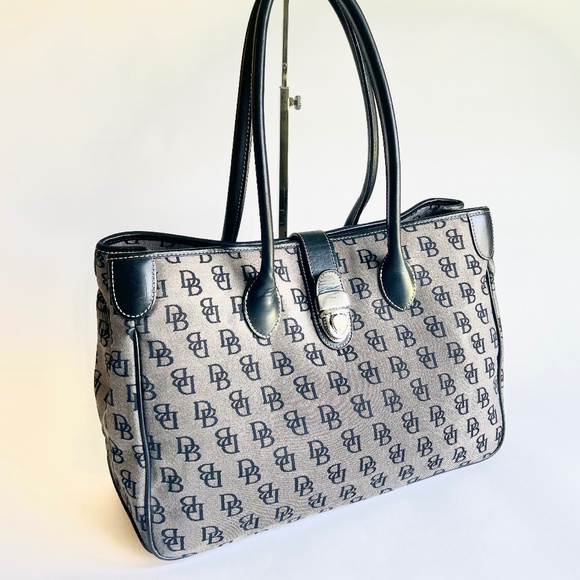 Dooney & Bourke Grey Black Canvas Leather Tote Shoulder Bag - Picture 2 of 14
